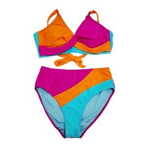 Colorblock Bikini Set With Adjustable Straps & High-Waist Bottoms Size L